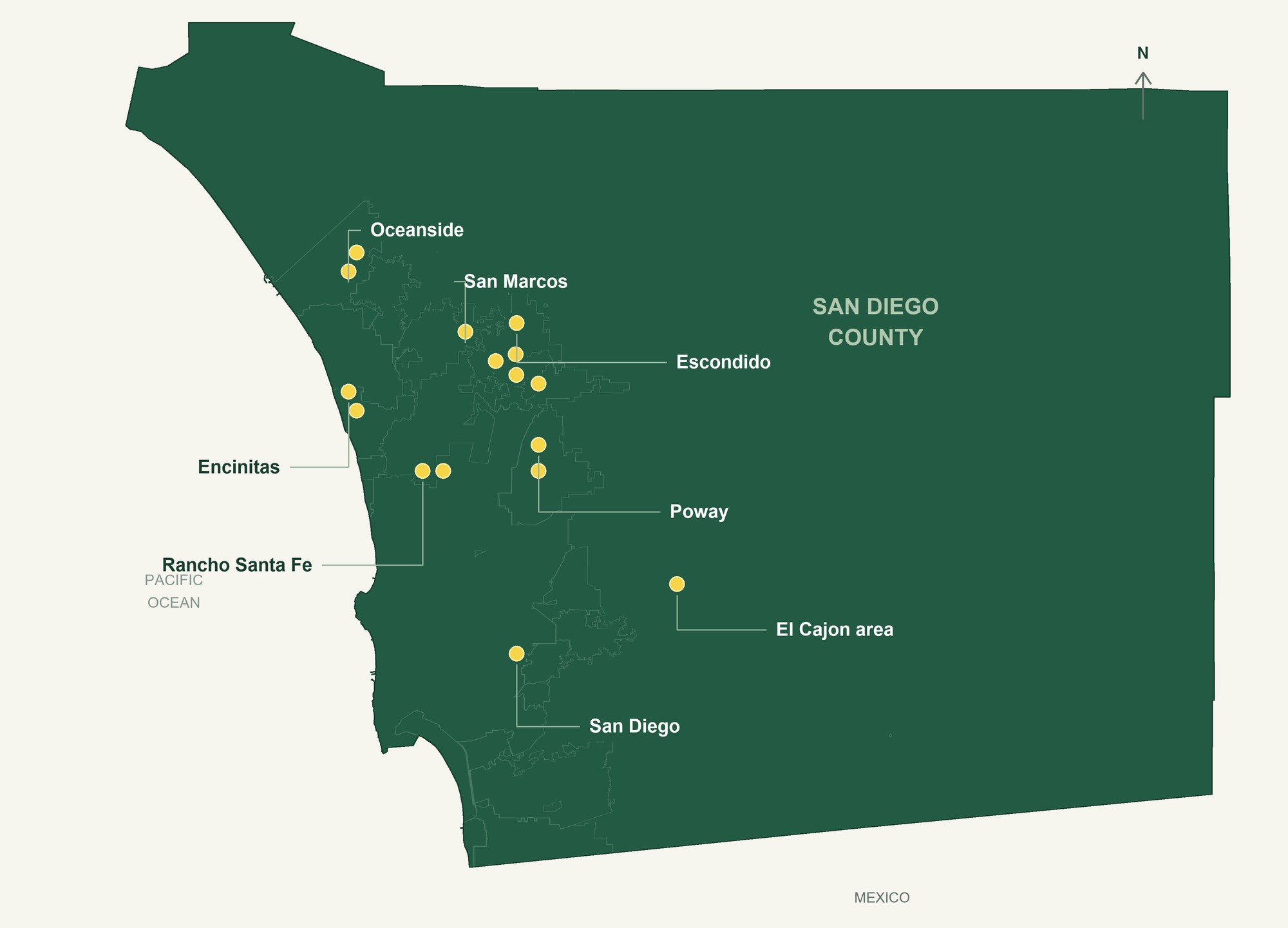 San Diego County map with yellow dots showing SDPP palm weevil treatment locations